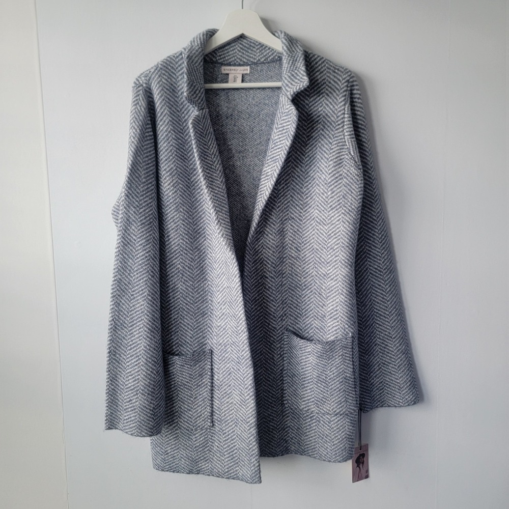 sincerely jules women's herringbone cardigan size L Textured Open Front pockets